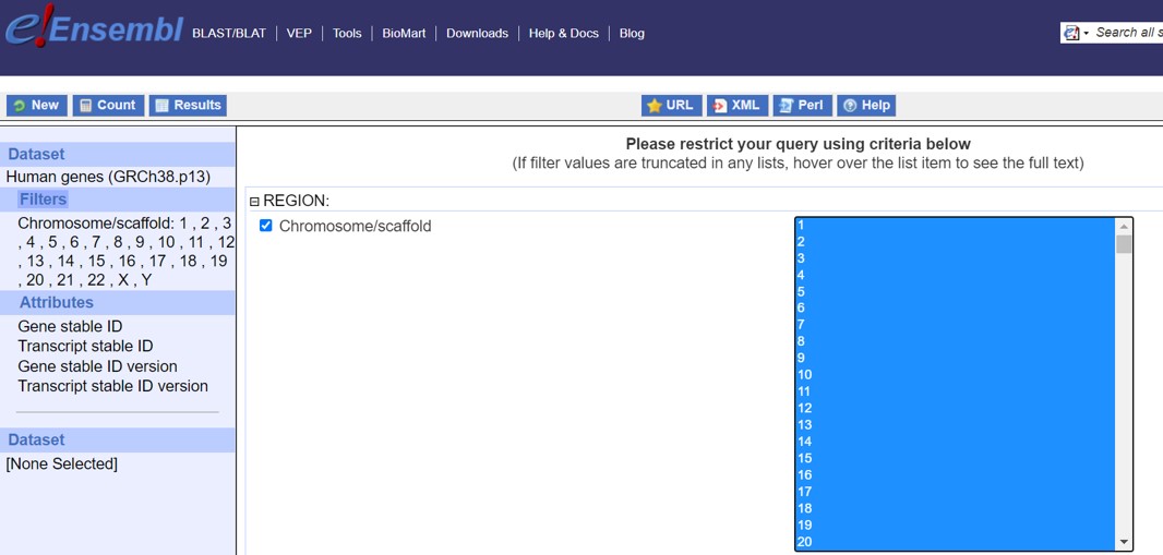 Ensembl Filters selection