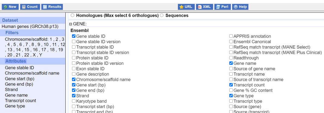 Ensembl Attributes selection