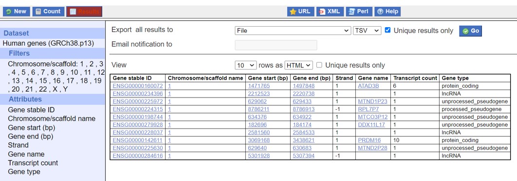 Ensembl data output download