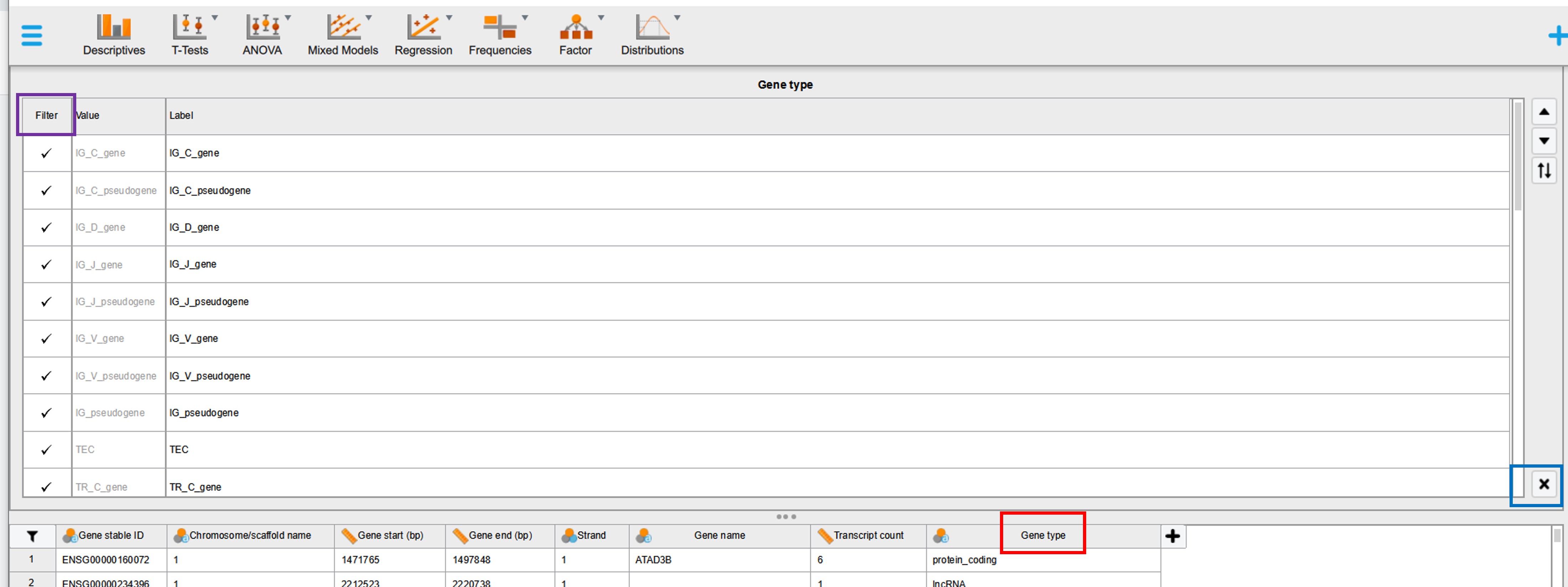 JASP filtering options