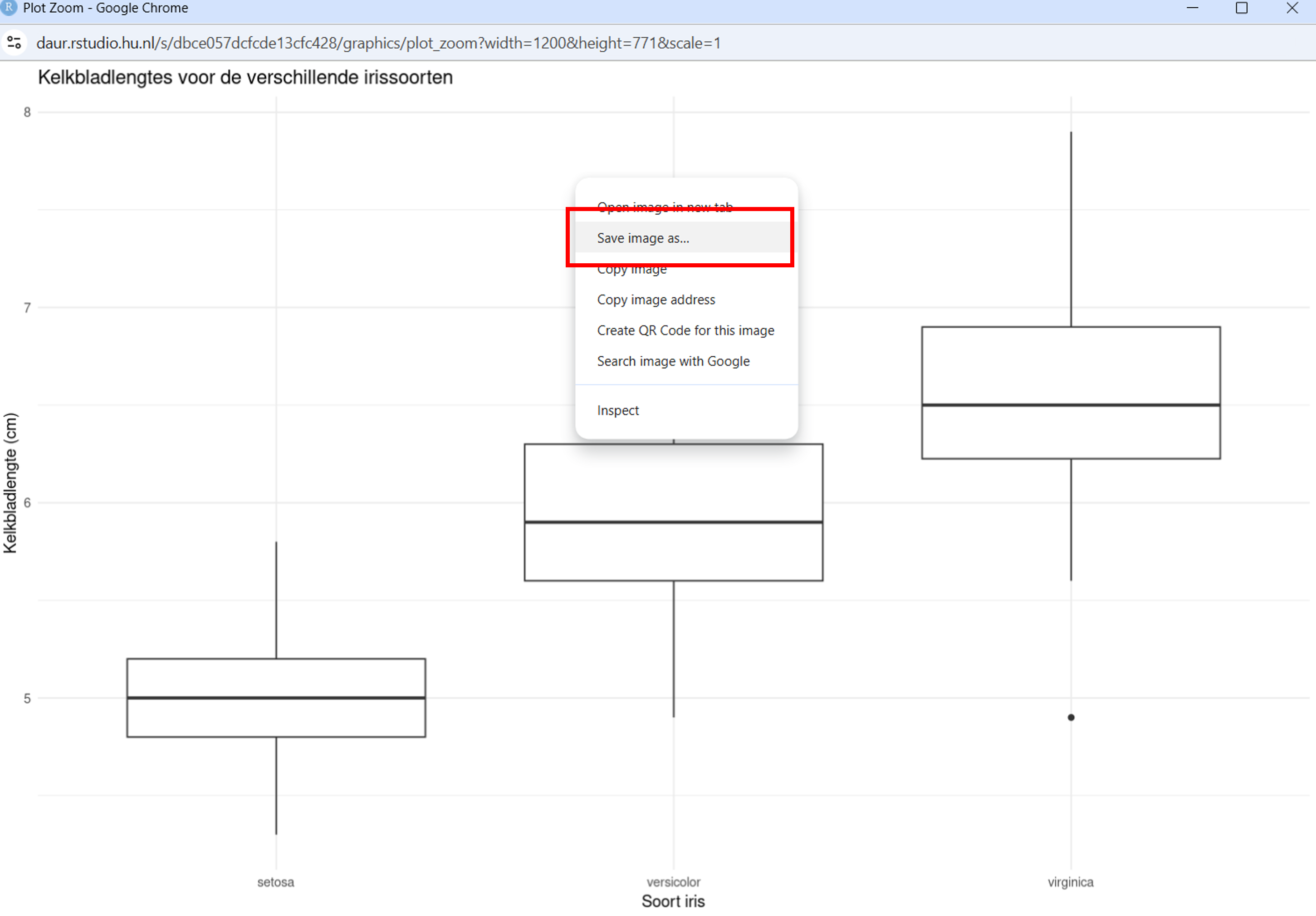 Figuur download vanuit Rstudio naar de lokale download map met Save as ...