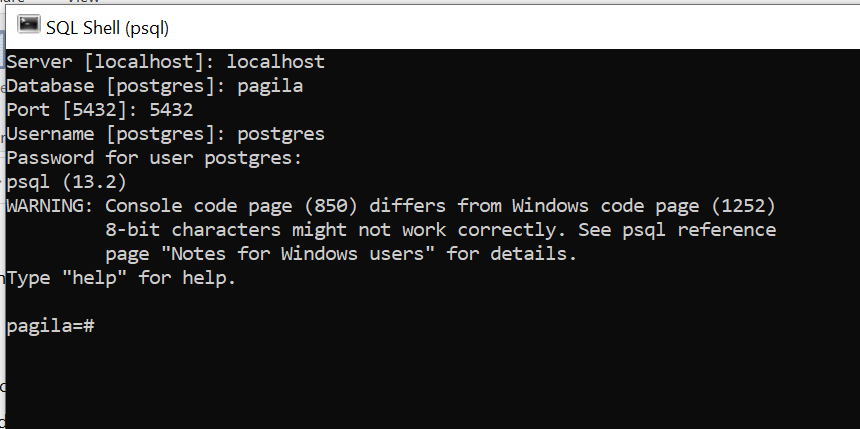 Screenshot of psql