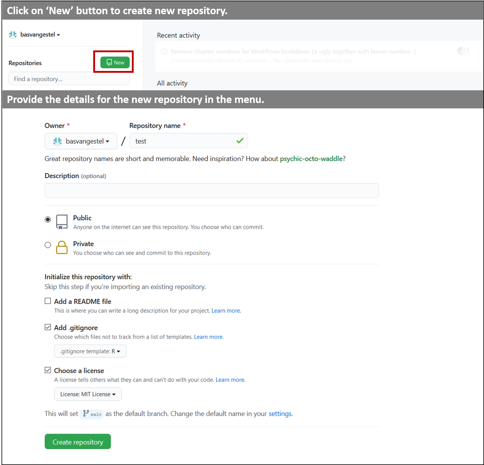 Creating a new Git repository on GitHub. See the main text for the details.