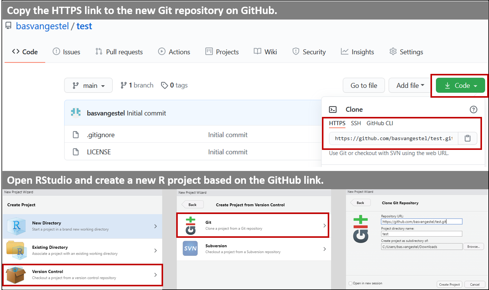 Downloading the Git repository to your computer using RStudio. See the main text for the details.