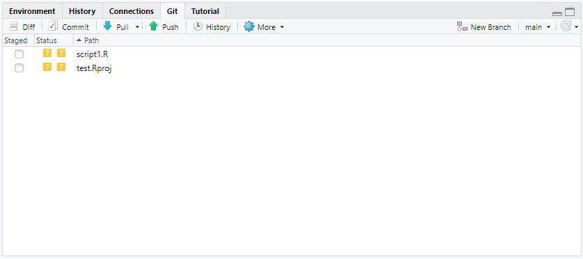 Git menu in RStudio.