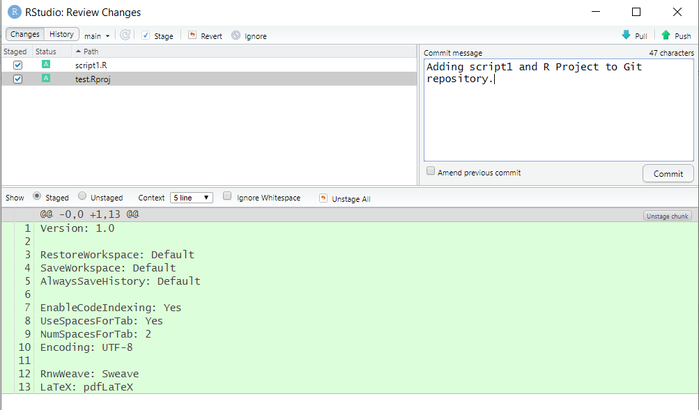 Committing changes in RStudio.